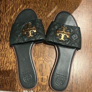 Tory Burch Black Quilted Sandals with Gold Logo
